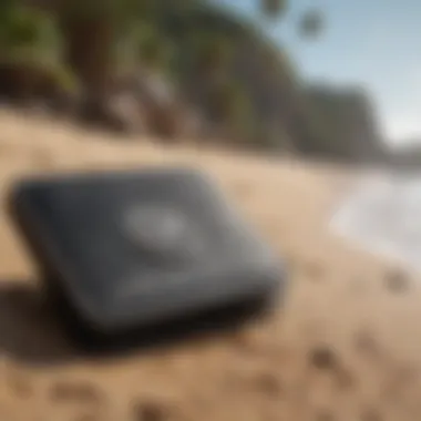 Stylish wallet with surf brand logo against a beach backdrop