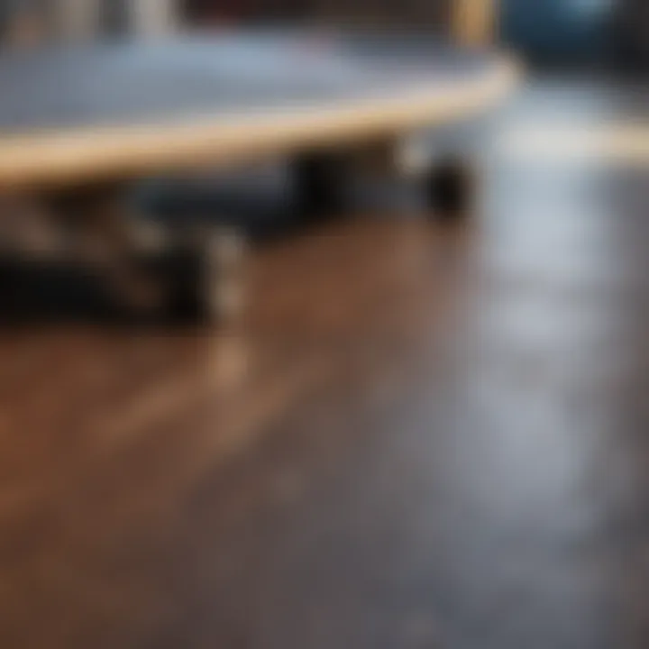 Close-up of skateboard deck materials and construction details