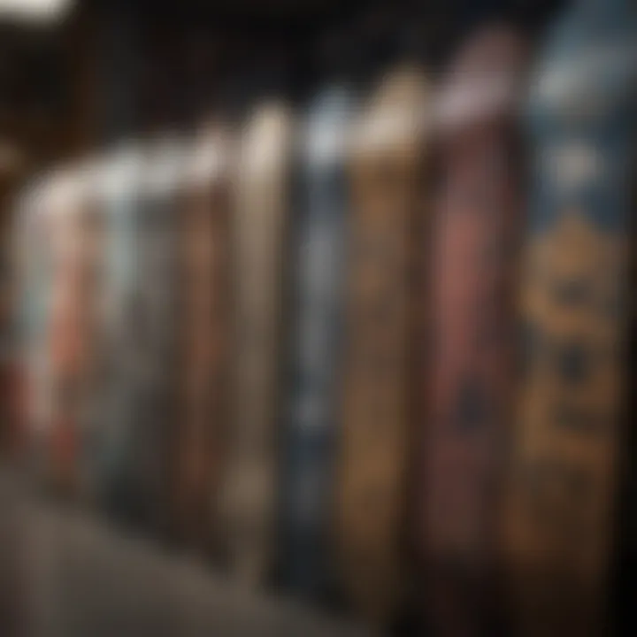 Skateboard decks lined up in a store, highlighting brand diversity