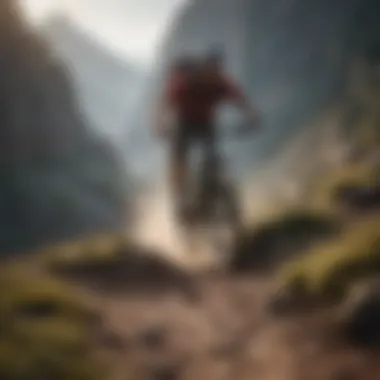 A breathtaking view of a mountain biker navigating a rugged trail