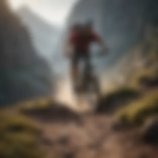 A breathtaking view of a mountain biker navigating a rugged trail