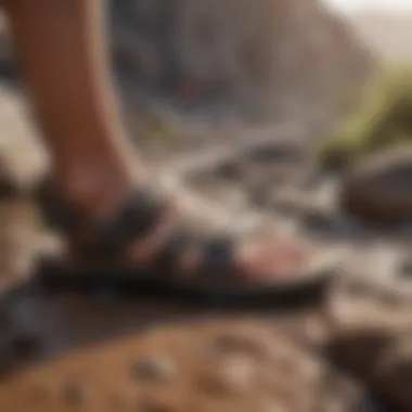 Reef Vista Hi Sandals in Action on Rocky Terrain Reef Vista Hi sandals on a rocky terrain, illustrating their suitability for outdoor adventures.