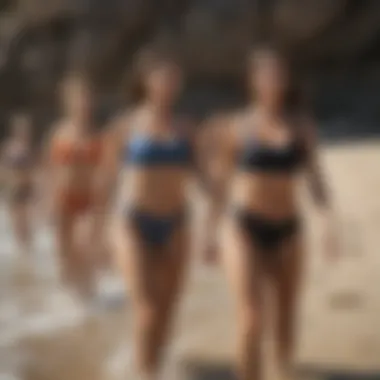 Group of friends enjoying beach time in stylish swim tops