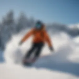 Snowboarder navigating through fresh powder snow under a clear blue sky