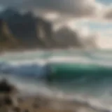Breathtaking coastal view of Patagonia with surfers riding waves