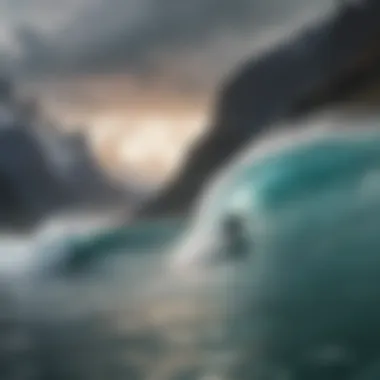 Surfers and Majestic Mountains Surfers catching waves against a backdrop of majestic mountains