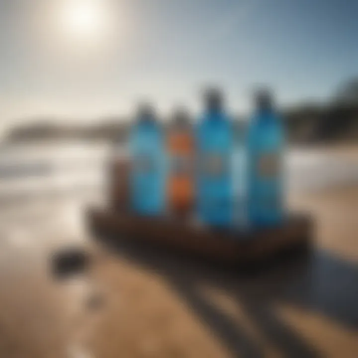 Different models of rinse kits displayed on a beach