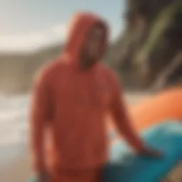 A vibrant surfing towel hoodie displayed against a beach backdrop