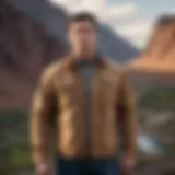 A rugged tan shirt jacket hanging on a scenic outdoor backdrop, showcasing its versatility.