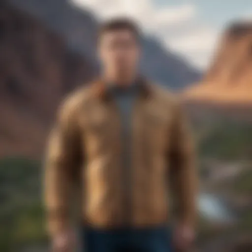 A rugged tan shirt jacket hanging on a scenic outdoor backdrop, showcasing its versatility.