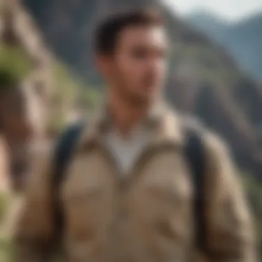 Adventurer in Tan Shirt Jacket An adventurer wearing a tan shirt jacket while hiking, demonstrating practical outdoor use.