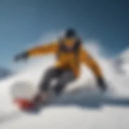 A dynamic snowboarder carving through fresh powder on a mountain slope.
