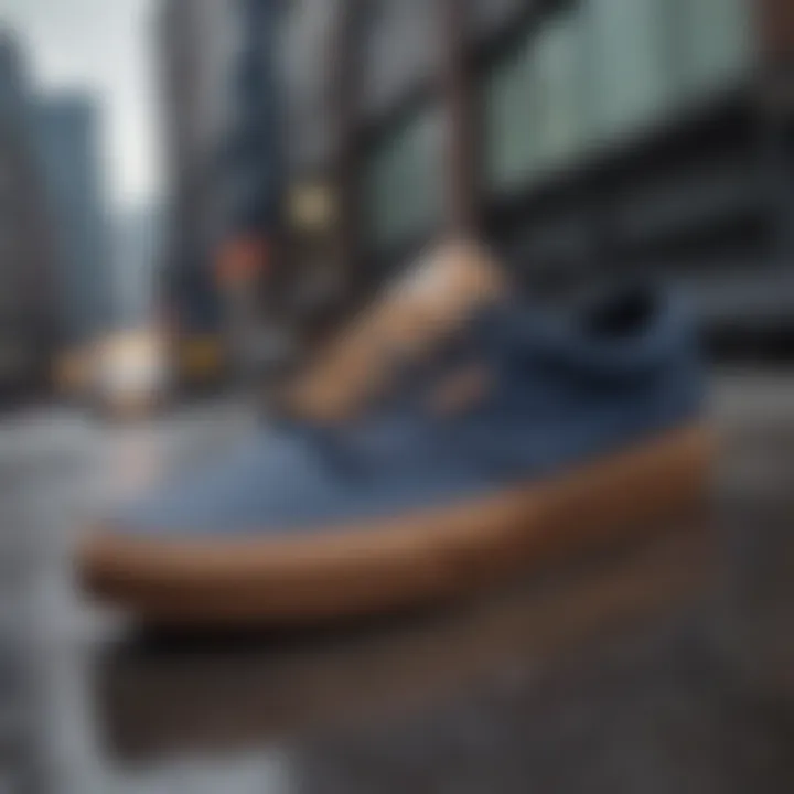 Aesthetic appeal of the Vans Atwood Navy Gum with urban backdrop.