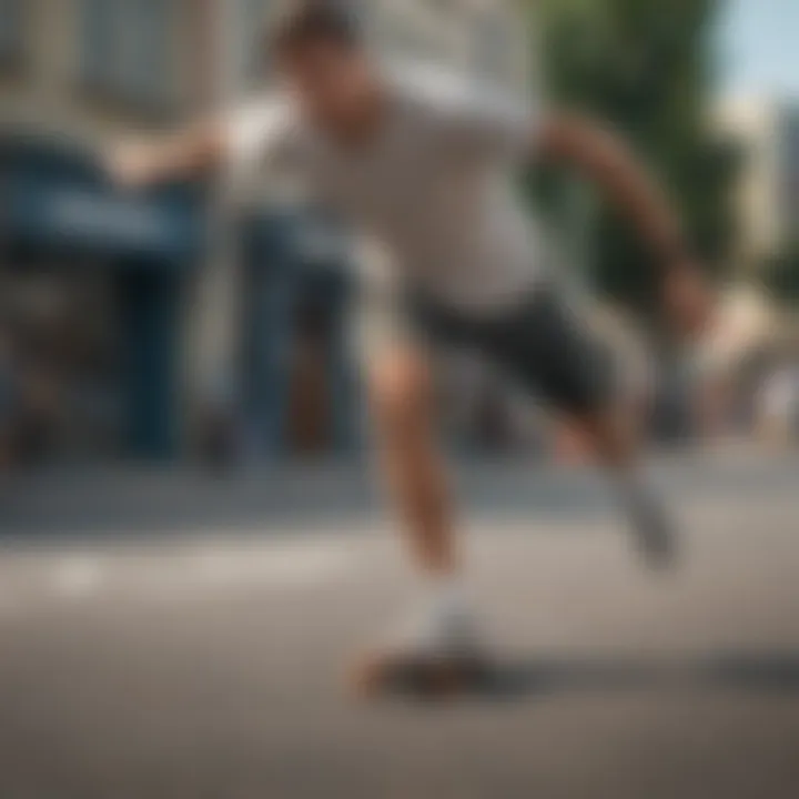 Athlete showcasing dynamic movements while wearing loose sweat shorts during a skateboarding session.