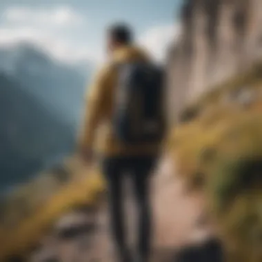 Adventurer wearing the black and gold Adidas backpack during a mountain trek