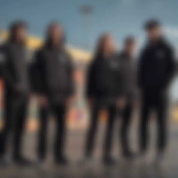 Group of adventurers wearing black zip hoodies at a skate park