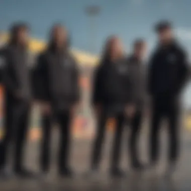 Skate Park Vibes: Adventurers in Black Zip Hoodies Group of adventurers wearing black zip hoodies at a skate park
