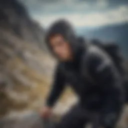 Athlete showcasing the black zip hoodie during a thrilling mountain climb