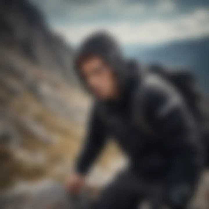 Athlete showcasing the black zip hoodie during a thrilling mountain climb