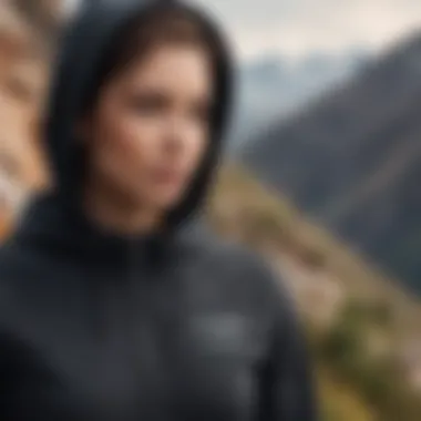 A stylish black zip hoodie displayed against a rugged outdoor backdrop