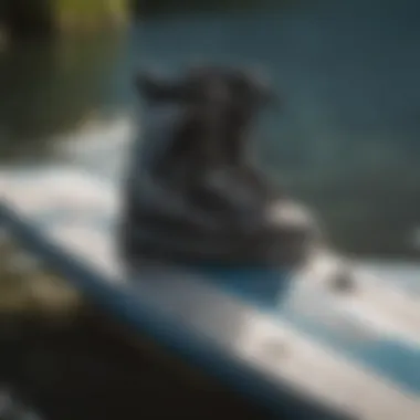 A close-up of wakeboarding gear including a board and bindings