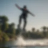 A wakeboarder executing a mid-air trick above the water