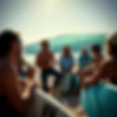 A group of surfers discussing their experiences with Wave Bandit surfboards