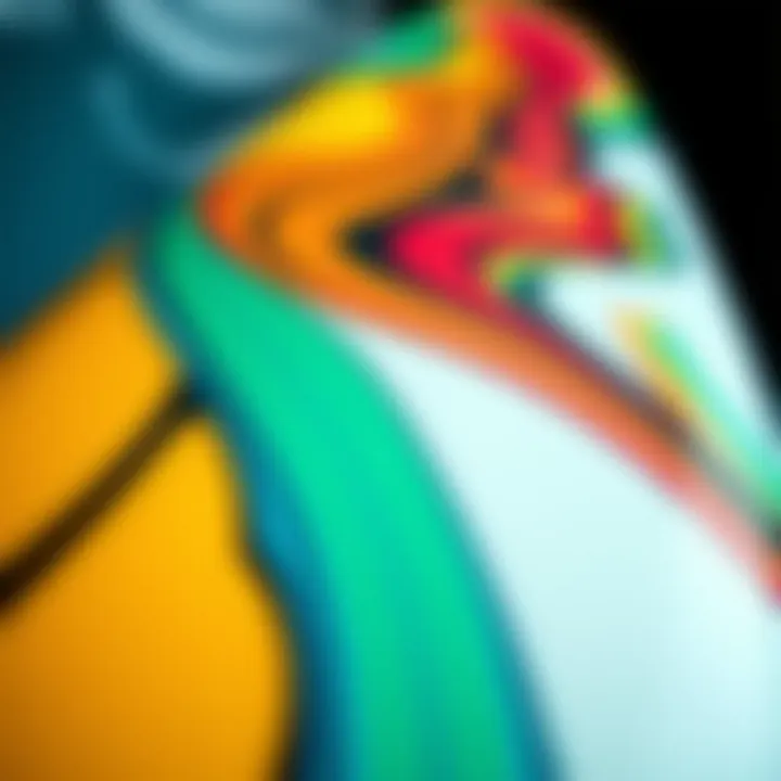 Showcasing the vibrant colors and graphics of the Wave Bandit surfboard