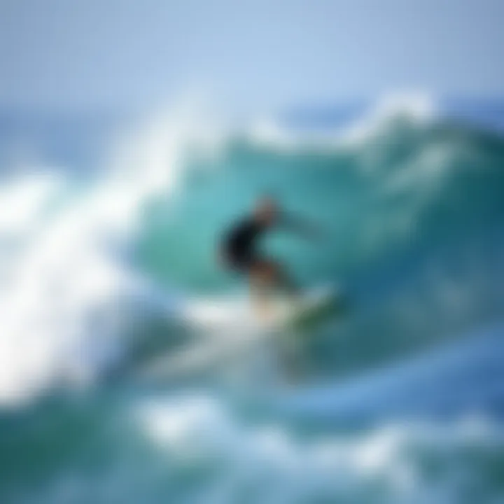 A surfer riding a wave on a Wave Bandit board, demonstrating its performance