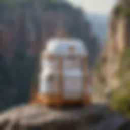 White and gold backpack on a rocky cliff