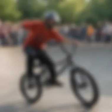 Gathering of BMX Enthusiasts at Skate Park A gathering of BMX enthusiasts at a local skate park