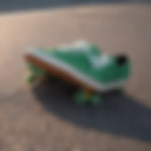 Stylish green skate shoes on a vibrant skateboard.