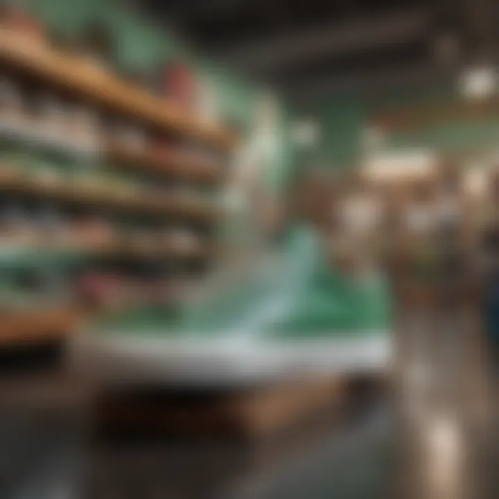 Trendy green skate shoes displayed in a modern skate shop.