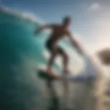 A breathtaking view of a reef skimboarder catching a wave