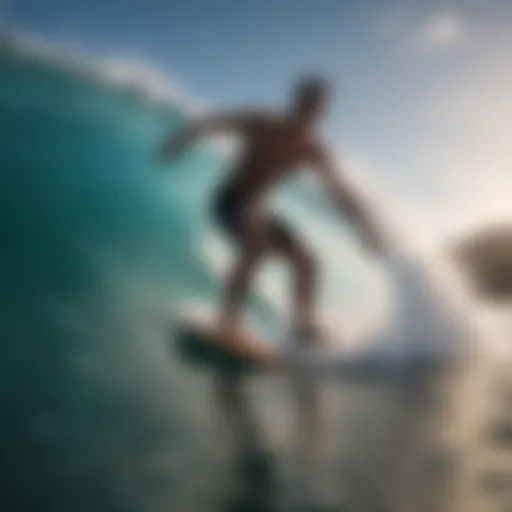 A breathtaking view of a reef skimboarder catching a wave