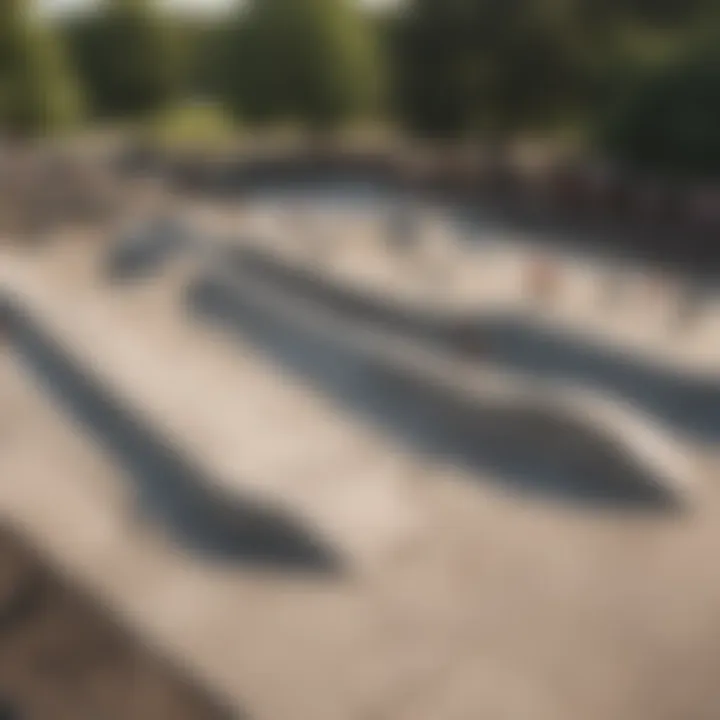 An aerial shot of a skatepark filled with enthusiastic skateboarders