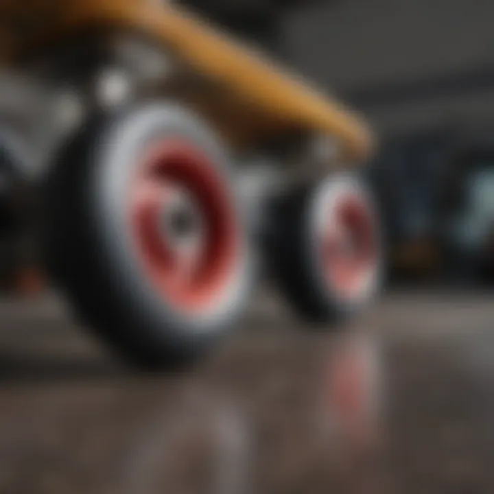 A close-up view of skateboard decks and wheels, highlighting technical details
