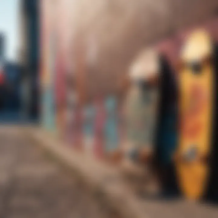 A diverse range of skateboards lined up against a colorful graffiti wall