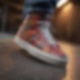 A close-up of vibrant skate shoes showcasing unique designs and patterns