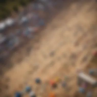 An aerial view of a kite festival, filled with colorful kites over a crowd