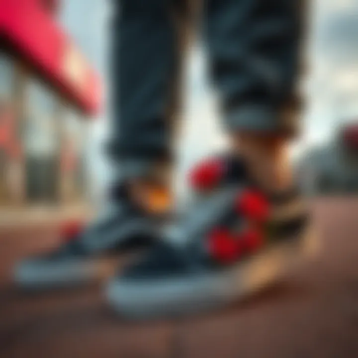 A stylish streetwear look featuring Vans with roses, complemented by urban fashion elements.