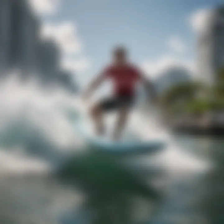 A wake surfer gliding effortlessly on a vibrant Miami waterway.