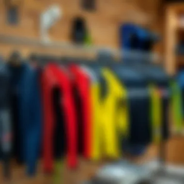 Diverse Wetsuit Tops Selection Diverse selection of wetsuit tops displayed on a rack