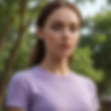 Stylish model showcasing a lilac t-shirt in a park setting