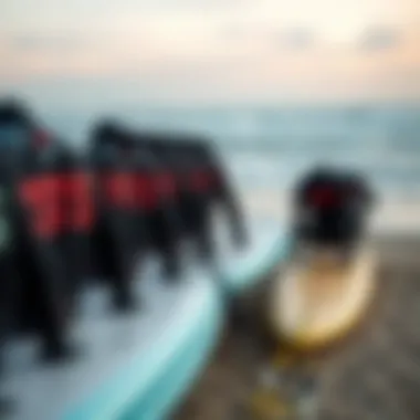 Youth Wetsuit Jackets on Surfboards at the Shore Youth wetsuit jackets displayed on surfboards at a shoreline