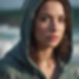 Surfer wearing a zip-up face hoodie against ocean waves