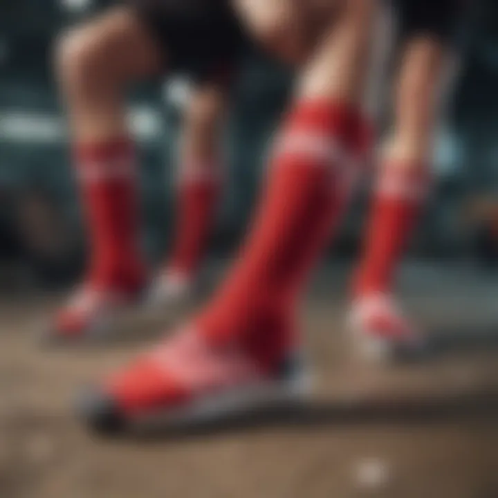 Group of extreme sports enthusiasts wearing red and white Adidas socks while engaged in a sports activity