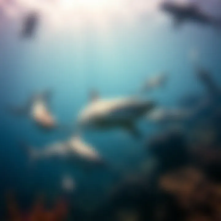 Diverse Shark Species in Coral Reefs An underwater scene illustrating various shark species swimming gracefully through coral reefs