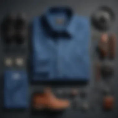 A flat lay of a blue shirt with accessories for different occasions