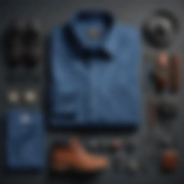 A flat lay of a blue shirt with accessories for different occasions